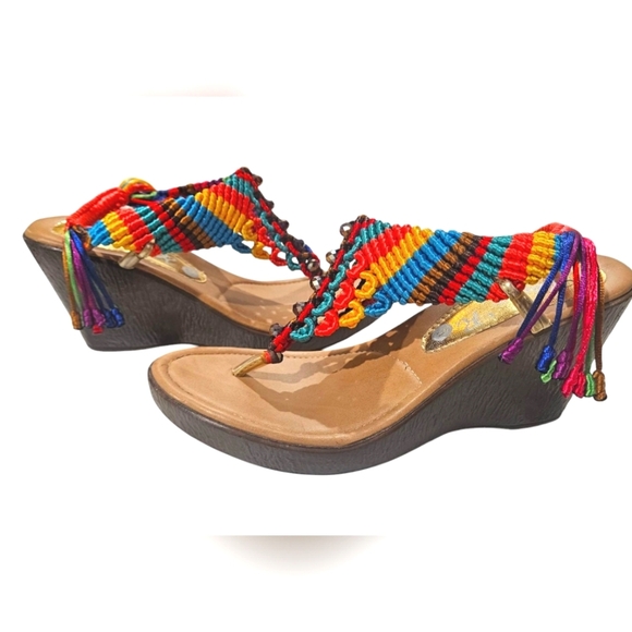 LAURA R Handwoven Colorful Wedges In Multi. Adjustable Back. Size 5(fits Like 6) - Picture 1 of 16